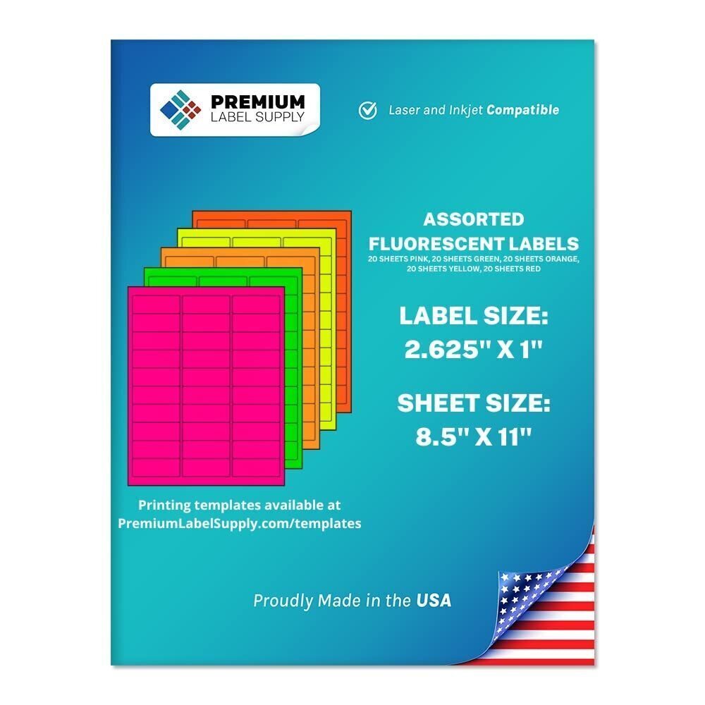7816 Bright Neon Color Fluorescent Stickers 2.625" x 1" Address Labels